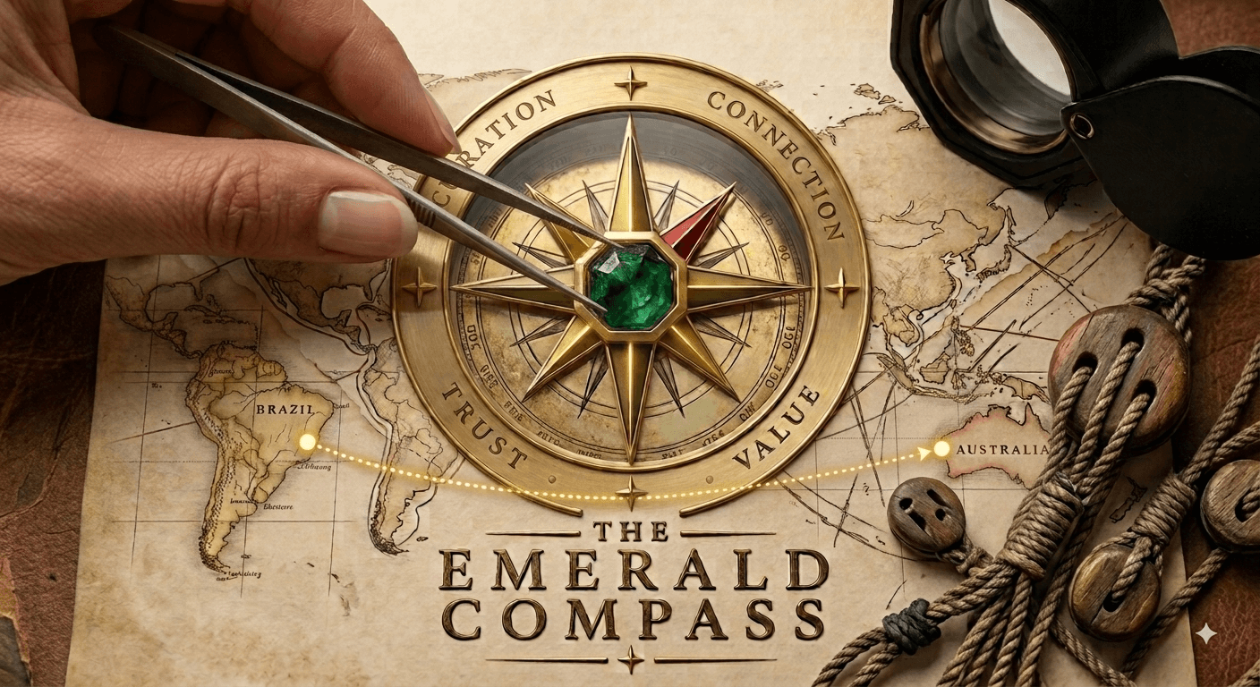 A hand placing an emerald at the center of a compass, charting a route between Brazil and Australia
